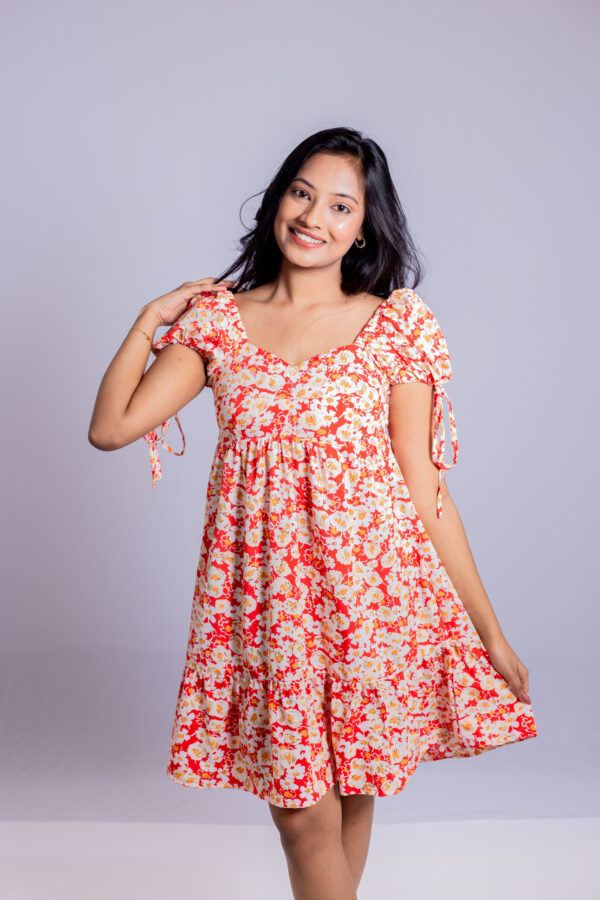 Orange Floral Puff Sleeve Dress